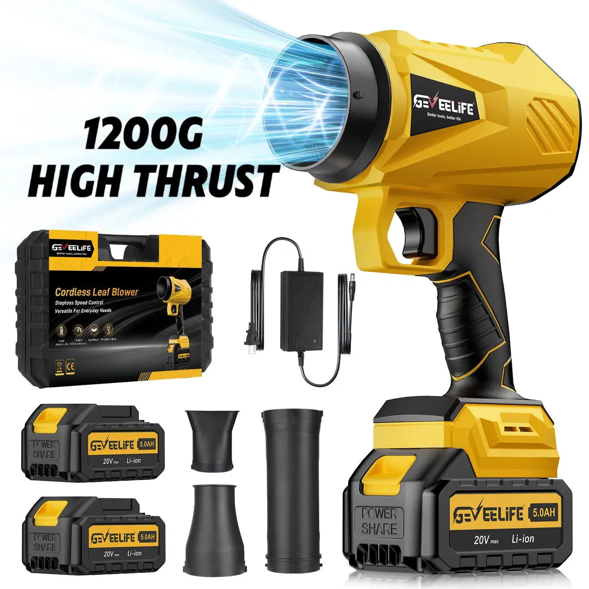 200W Cordless Leaf Blower – Turbo Jet Powerful Airflow, 3 Nozzles, 2 Batteries for Home & Garden Cleaning